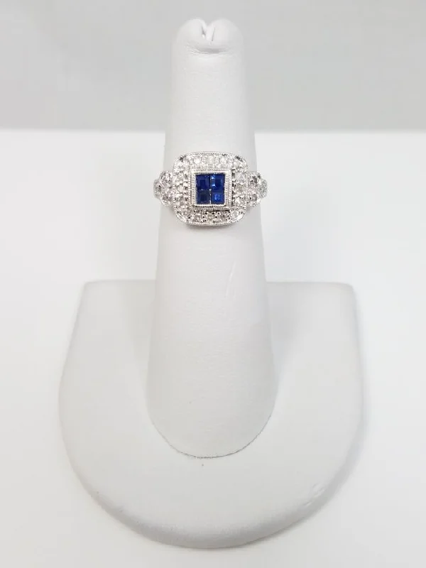 Vintage Wedding Band Set for Couples-Classy Ladies 14k White Gold Natural Sapphire Diamond Ring