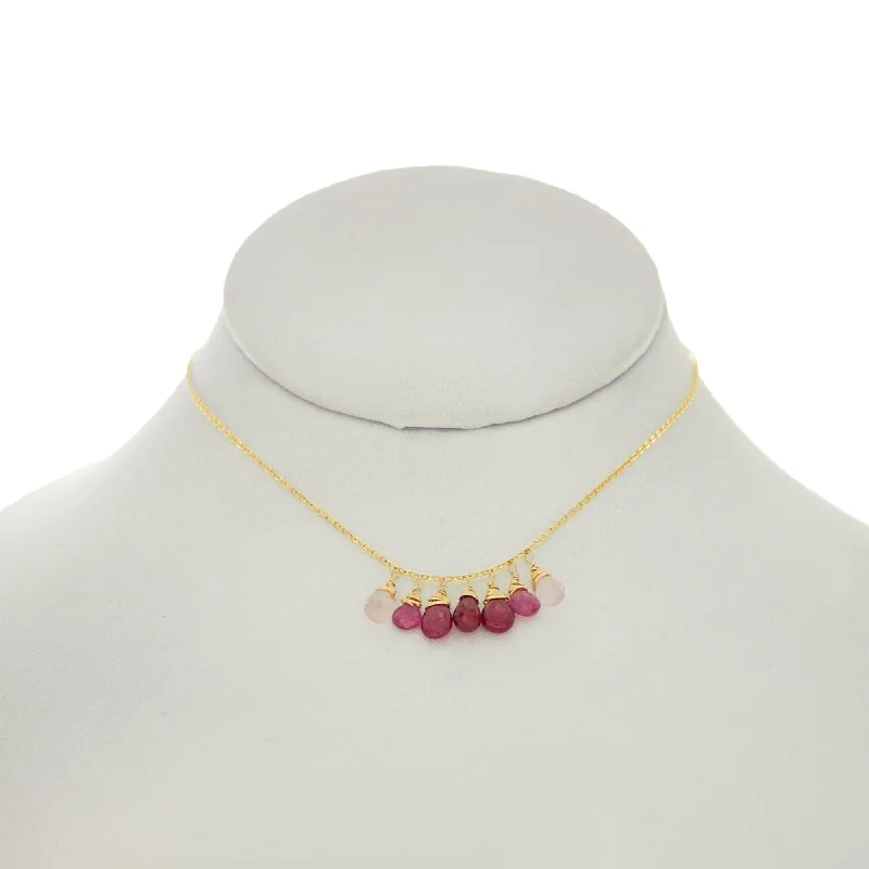 Layered Gold Necklace for Trendy Look-French Pink -Ruby, Pink Topaz, Rose Quartz Drops Dangle Necklace