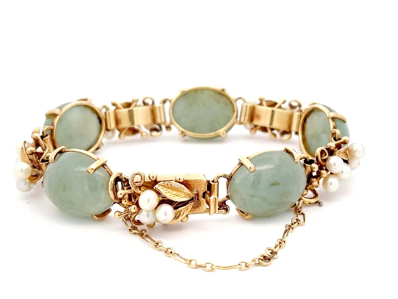 Elegant Silver Bracelet for Wedding-Mings Hawaii Jade and Pearl Leaf Bracelet in 14K Yellow Gold