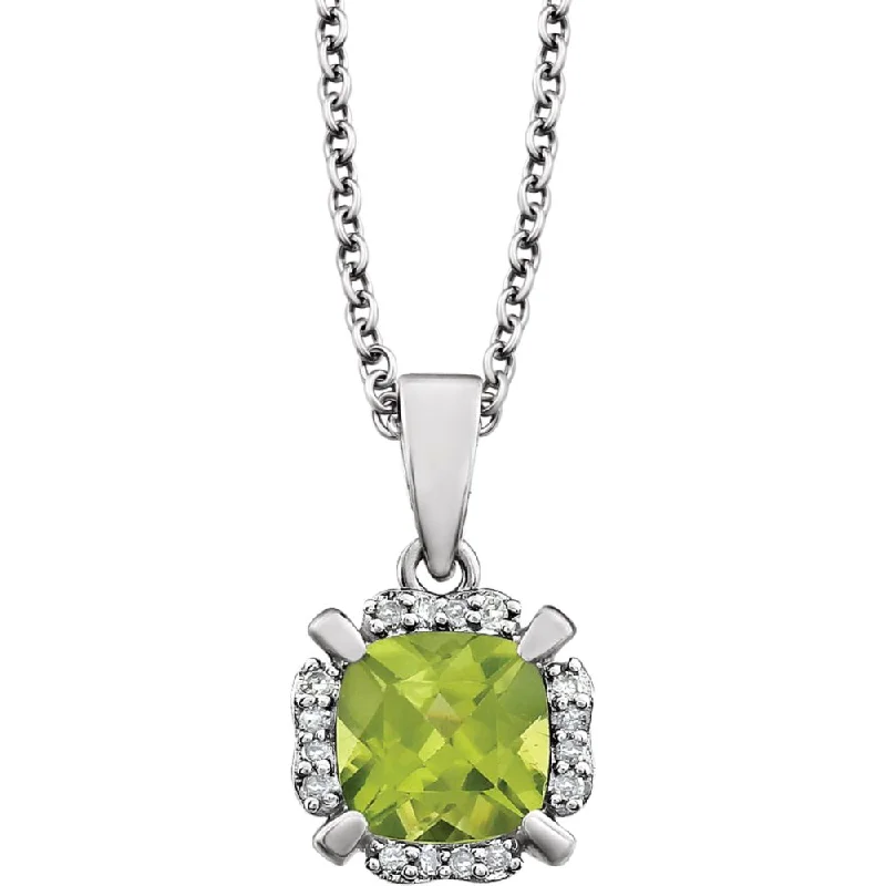 Gold Necklace with Charm for Fashion-Cushion Peridot & Diamond Necklace in 14k White Gold, 18 Inch