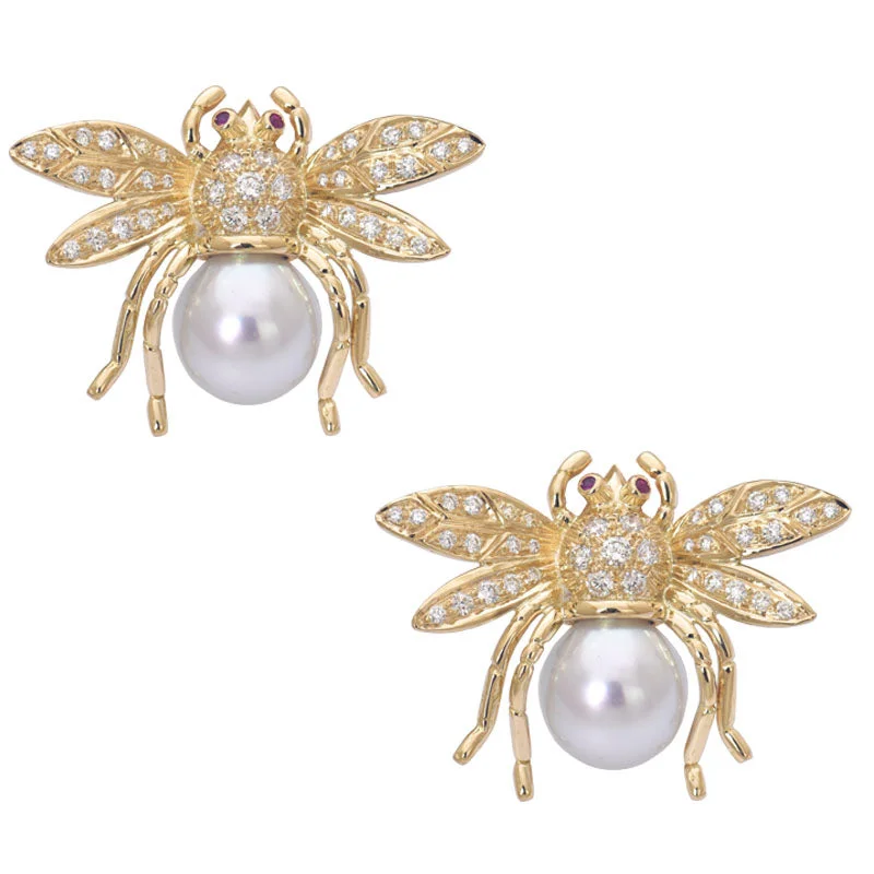 Gold Earrings for Formal Occasions-Earrings - Ruby, South Sea Pearl and Diamond