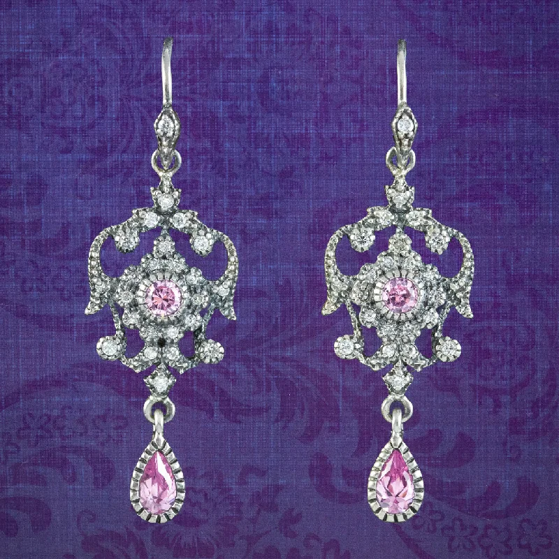 Flower Shaped Earrings-Edwardian Style Pink Cubic Zirconia Drop Earrings Silver