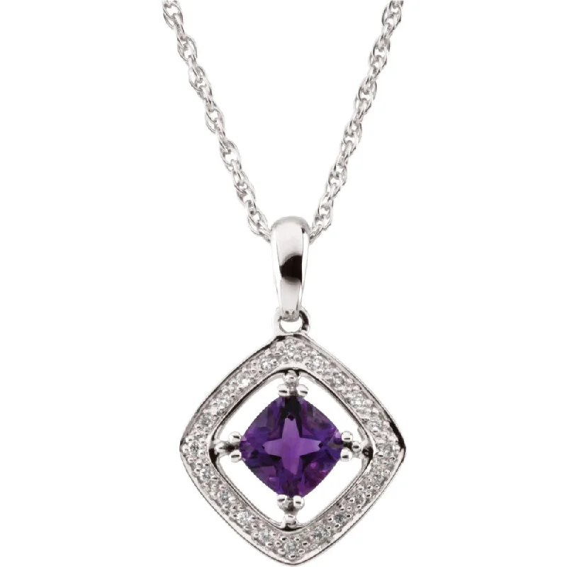 Simple Gold Chain Necklace for Women-Amethyst & 1/10 Ctw Diamond Necklace in 14k White Gold, 18 Inch