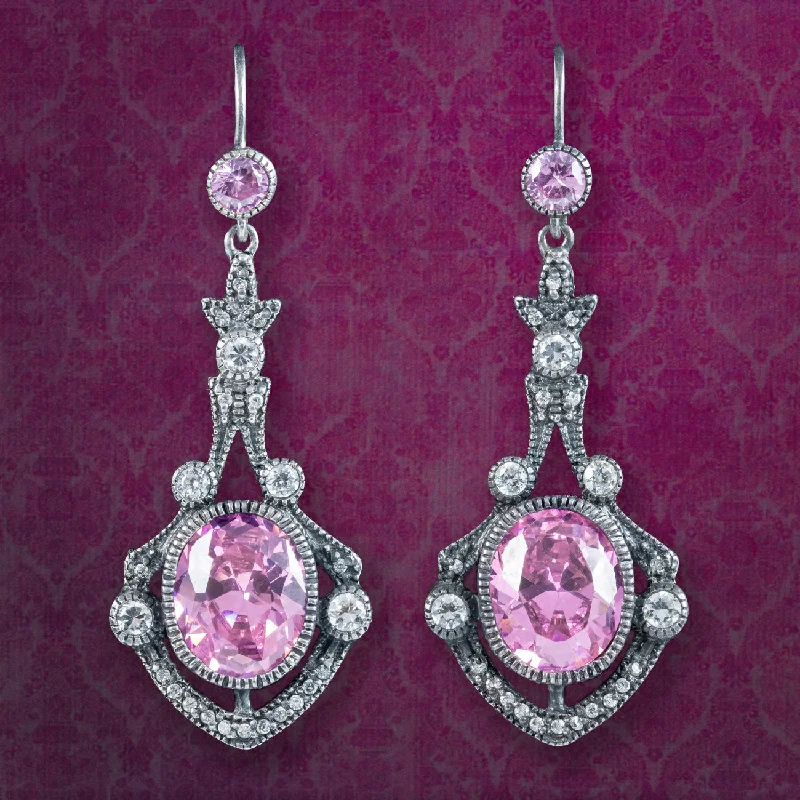 Unique Earrings for Special Occasions-Edwardian Style Pink CZ Drop Earrings Sterling Silver