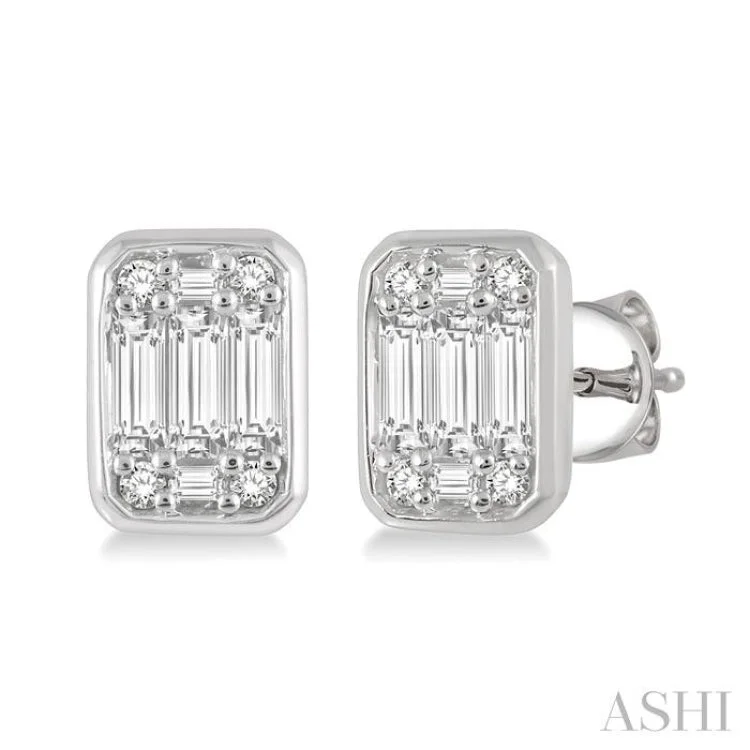 Boho Chic Earrings-1/3 Ctw Octagonal Shape Baguette and Round Cut Diamond Bezel Stud Earrings in 14K White Gold