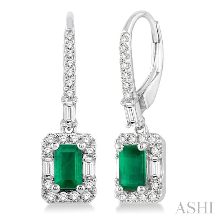 Small Hoop Earrings for Daily Wear-5x3 MM Octagon Cut Emerald and 1/2 Ctw Round Cut Diamond Earrings in 14K White Gold