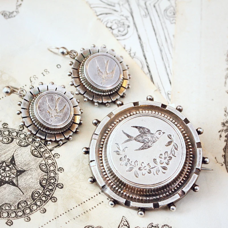 Custom Earrings for Personalized Style-Antique Victorian Silver Set of Earrings & Brooch