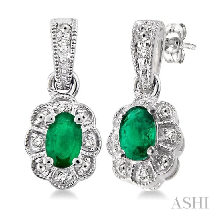 Beautiful Diamond Earrings for Women-5x3 mm Oval Cut Emerald and 1/20 ctw Single Cut Diamond Earrings in Sterling Silver