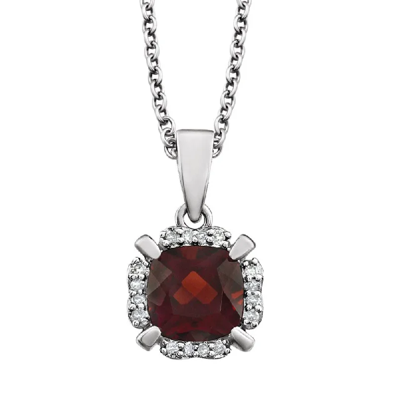 Personalized Heart Necklace for Moms-Cushion Mozambique Garnet & Diamond 14k White Gold Necklace, 18 Inch