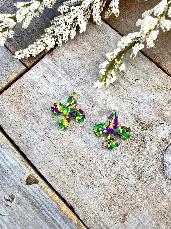 Handmade Gold Earrings-Mardi Gras Glitter Fleur De Lis Stud Earrings