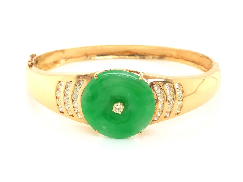 Simple Sterling Silver Bracelet for Every Day-Green Jadeite Jade and Diamond Hinged Bangle Bracelet in 18k Yellow Gold