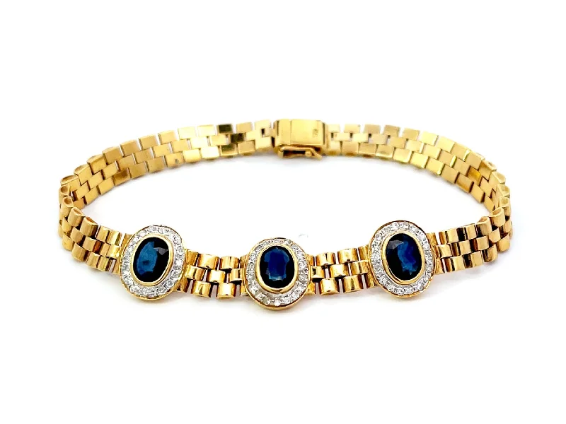 Simple Gold Bracelet for Daily Use-Three Sapphire Diamond Halo Link Bracelet in 18k Yellow Gold