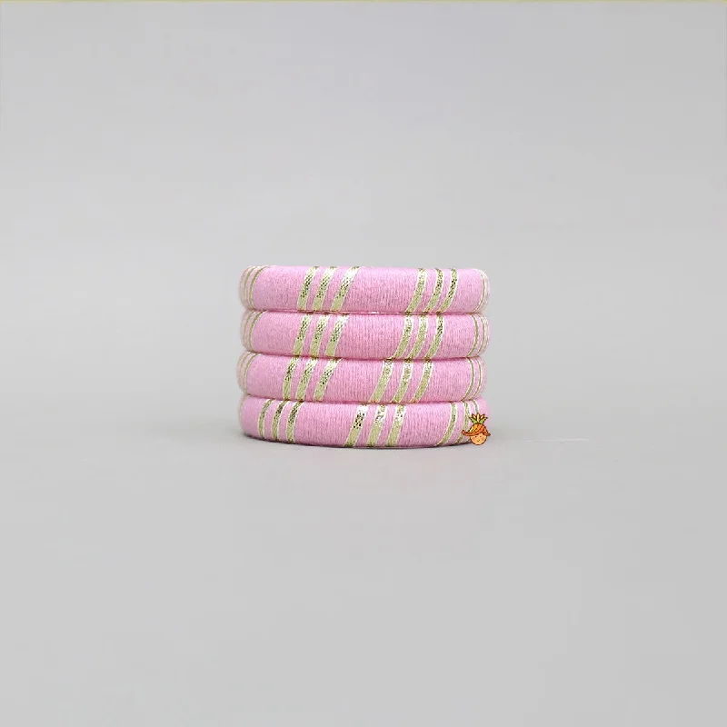 Simple Gold Bangles for Wedding Wear-Pink Lace Detailed Bangles Set