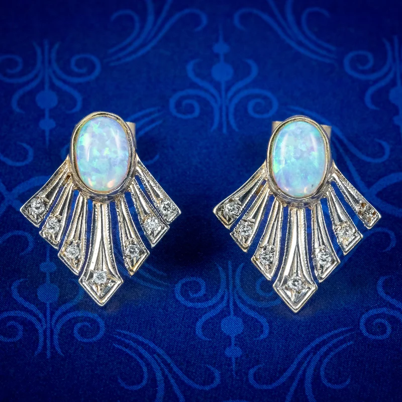 High Fashion Earrings for Women-Art Deco Style Opal Diamond Fan Earrings 9Ct Gold