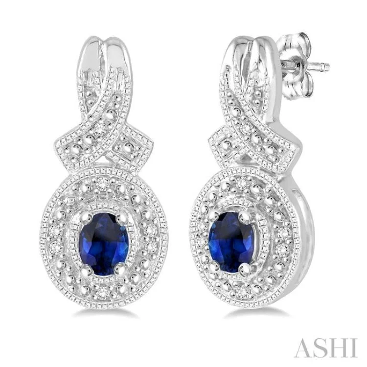 Beautiful Drop Earrings for Elegant Look-4x3 mm Oval Cut Sapphire and 1/20 ctw Single Cut Diamond Earrings in Sterling Silver