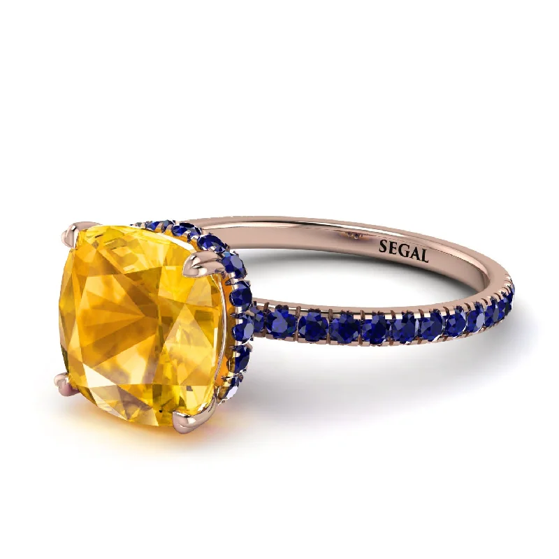 Engagement Ring with Diamonds and Sapphire-Cushion Hidden Yellow Diamond Ring - Nova No. 1014