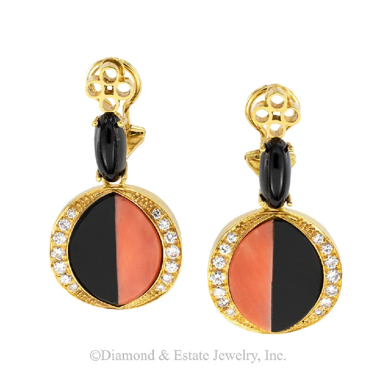 High Fashion Earrings for Women-Coral Diamond Black Onyx Clip On Yellow Gold Drop Earrings