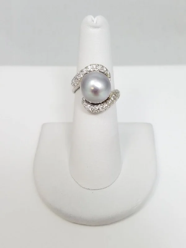 Simple Silver Ring for Bridesmaids-Spectacular 14k White Gold Tahitian Pearl Natural Diamond Ring