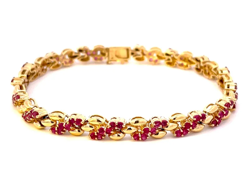 Rose Gold Cuff Bracelet for Elegant Fashion-Round Red Ruby Gold Link Bracelet in 14k Yellow Gold