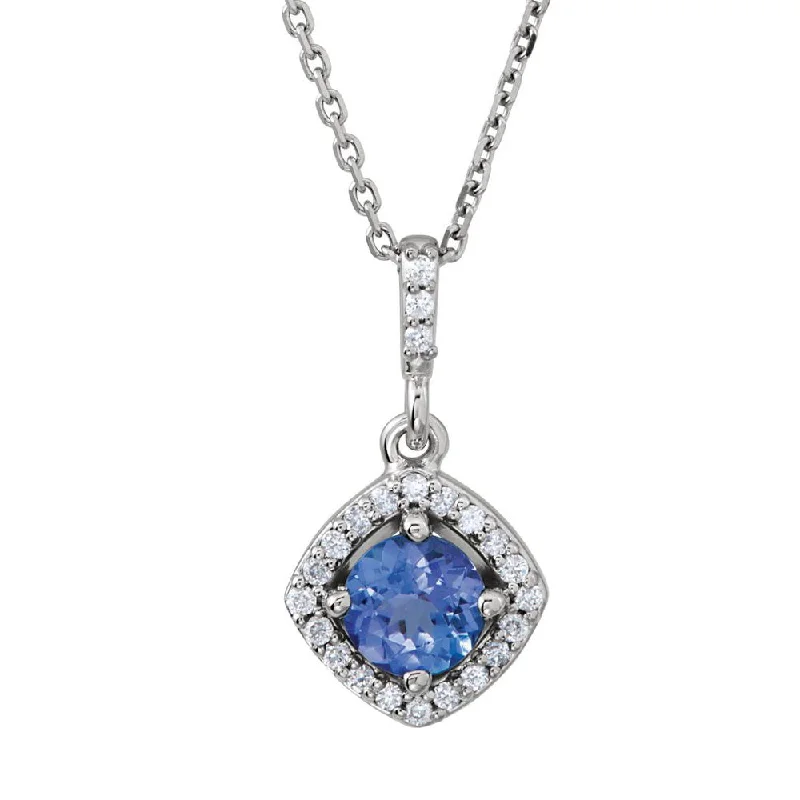 Gold Plated Necklace for Brides-14K White Gold Tanzanite & 1/8 CTW Diamond Halo Style Necklace, 18 In