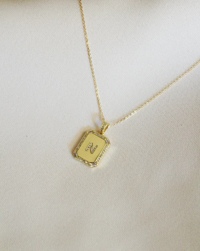 Gemstone Pendant Necklace for Women-Rectangle Initial Necklace