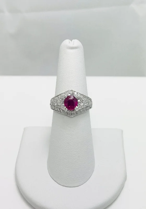 Designer Wedding Ring Set for Couples-Vintage 1.75ctw Natural Ruby Diamond Platinum Ring