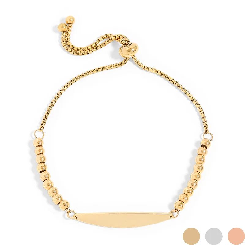 Luxury Gold Bracelet with Gemstones-18K Gold PVD Stainless Steel Adjustable Beaded Curved Blank Bar Bracelet / SBB0272