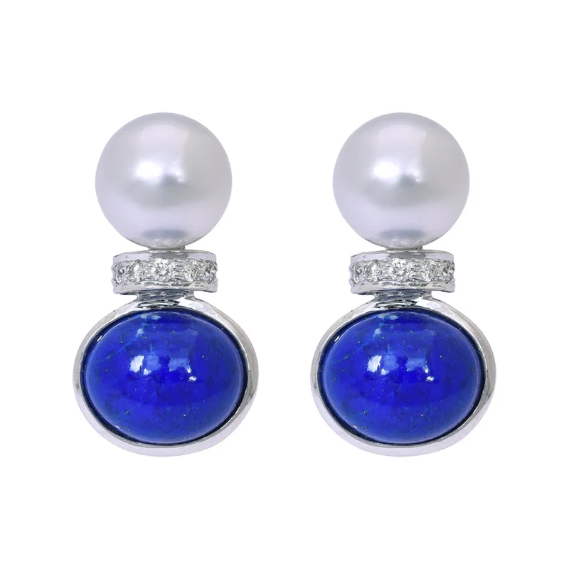 Colorful Gem Earrings-Earrings- Lapis Lazuli, South Sea Pearl and Diamond