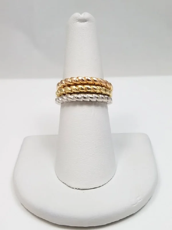 Simple Wedding Ring Set for Couples-Three Sophisticated 18k Tri Color Gold Ribbed Stack Rings