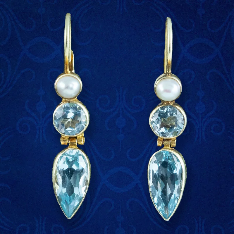 Trendy Earrings for Teens-Art Deco Style Blue Topaz Pearl Drop Earrings