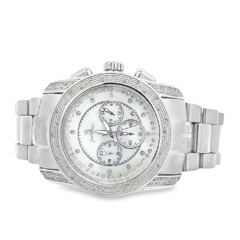 High-End Watches with Leather Straps-Pearl Chrono Dial .30cttw Real Diamond Hip Hop Watch