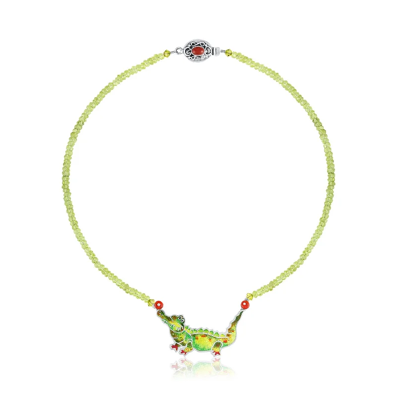 Long Silver Necklace for Women-Enamel Limited Edition Alligator Necklace