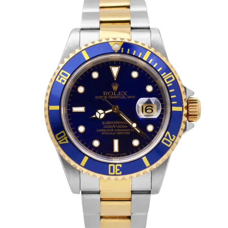 Customizable Sports Watches for Men-Rolex Submariner Date Two-Tone Gold Blue 40mm Stainless PAPERS Watch 16613 B+P