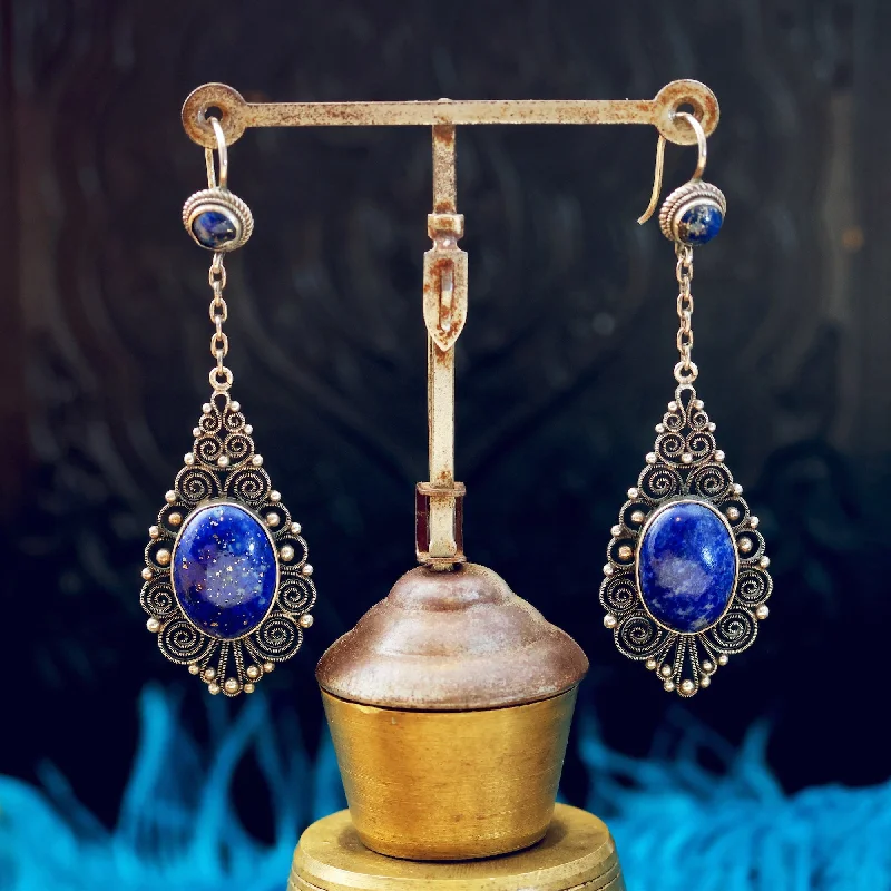 Unique Stud Earrings for Casual Outfits-Finest Vintage Silver Filigree Lapis Lazuli Drop Earrings