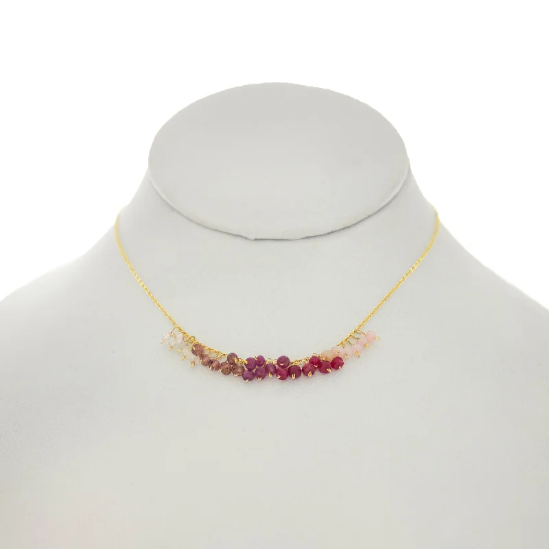 Unique Charm Necklace for Stylish Women-Rose Pompadour - Rubies, Fuschia Quartz, Pink Topaz, Pink Tourmaline, Rose Quartz Rondelles Dangle Necklace