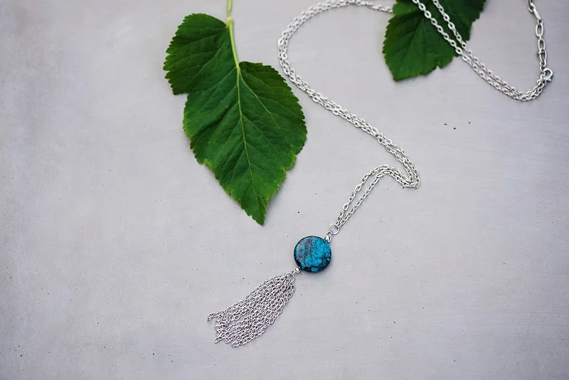 Gemstone Necklace for Summer Events-Teal Tassel Necklace