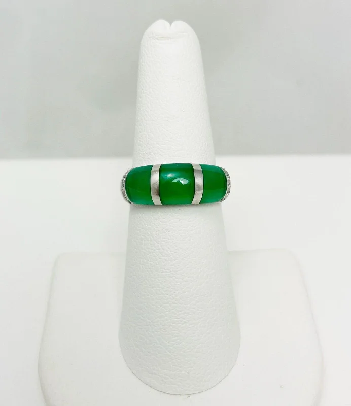 Luxury Ring for Anniversary Gifts-Vintage Green Chalcedony 14k White Gold Ring