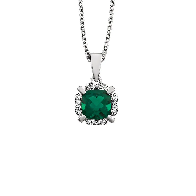 Unique Gemstone Necklace for Special Occasions-Cushion Created Emerald & Diamond Necklace in 14k White Gold, 18 Inch