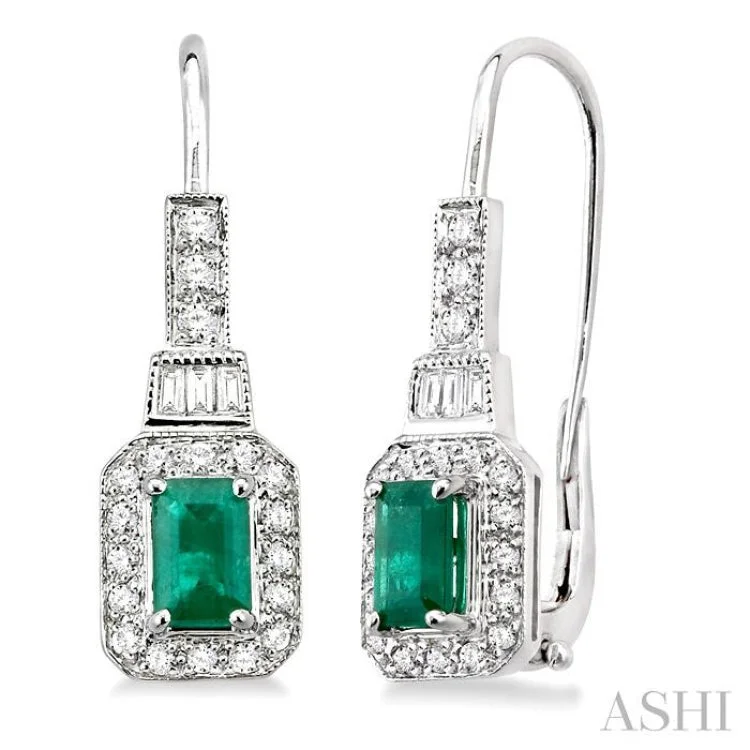 Drop Earrings for Formal Occasions-6x4mm Octagon Cut Emerald and 1/2 Ctw Baguette and Round Cut Diamond Earrings in 14K White Gold