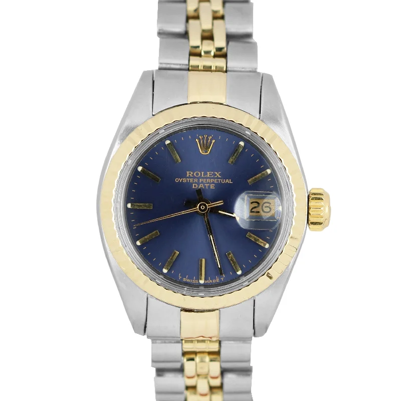 Women's Watch with Swarovski Crystals-VINTAGE Rolex DateJust Two-Tone 18k Yellow Gold Steel Blue 26mm DATE 6917 Watch