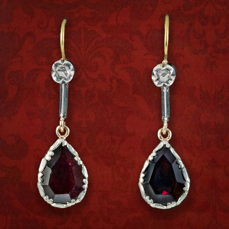 Modern Earrings for Women-Georgian Style Garnet Diamond Drop Earrings Silver 18ct Gold