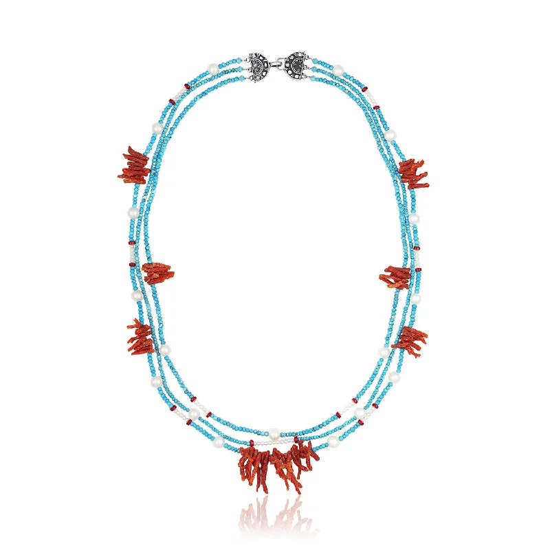 Modern Necklace for Evening Outfits-Turquoise, Red Coral and Pearl Three Strand Necklace