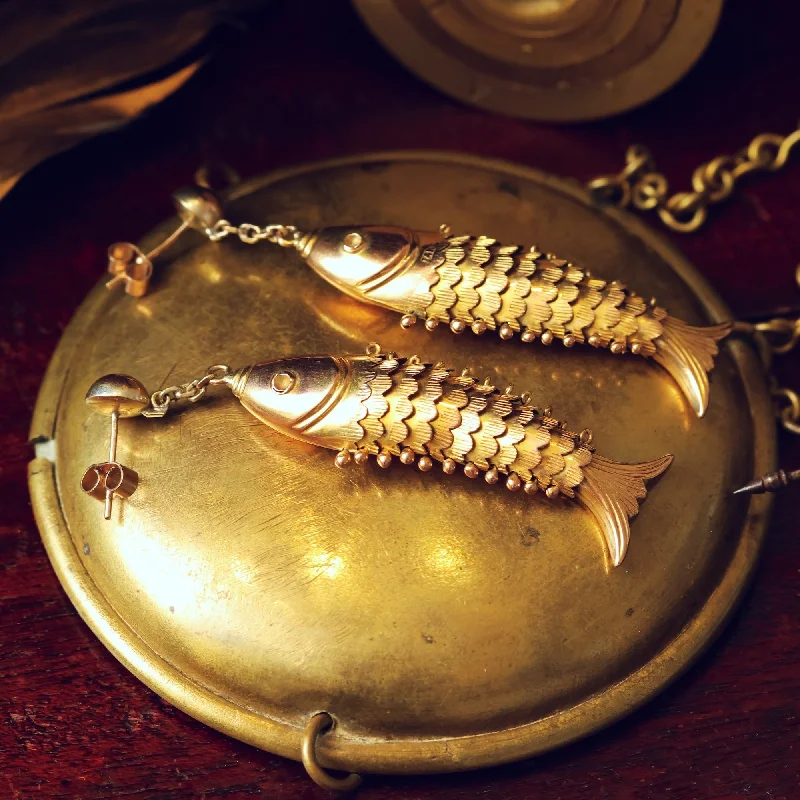 Dangle Earrings for Women-INCREDIBLE 14ct Gold Vintage Articulated Carp Fish Earrings