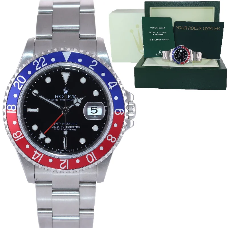 Stainless Steel Watches for Men-2002 Rolex GMT-Master 2 Pepsi 40mm Steel 16710 NO HOLES Black Watch Box