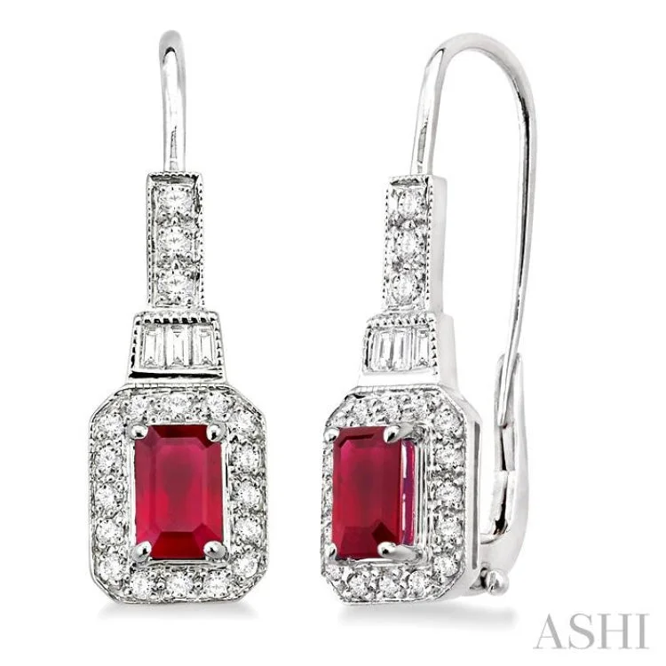 Handmade Earrings for Weddings-6x4MM Octagon Cut Ruby and 1/2 Ctw Baguette and Round Cut Diamond Earrings in 14K White Gold