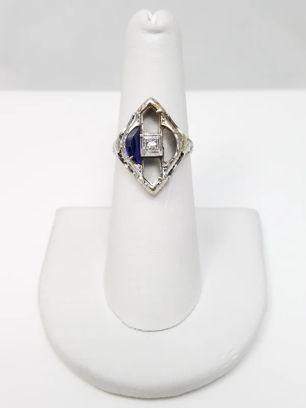 Vintage Gold Ring for Special Occasions-To Restore: 1930s Art Deco 14k White Gold Natural Diamond Synthetic Sapphire Engagement Ring Mount