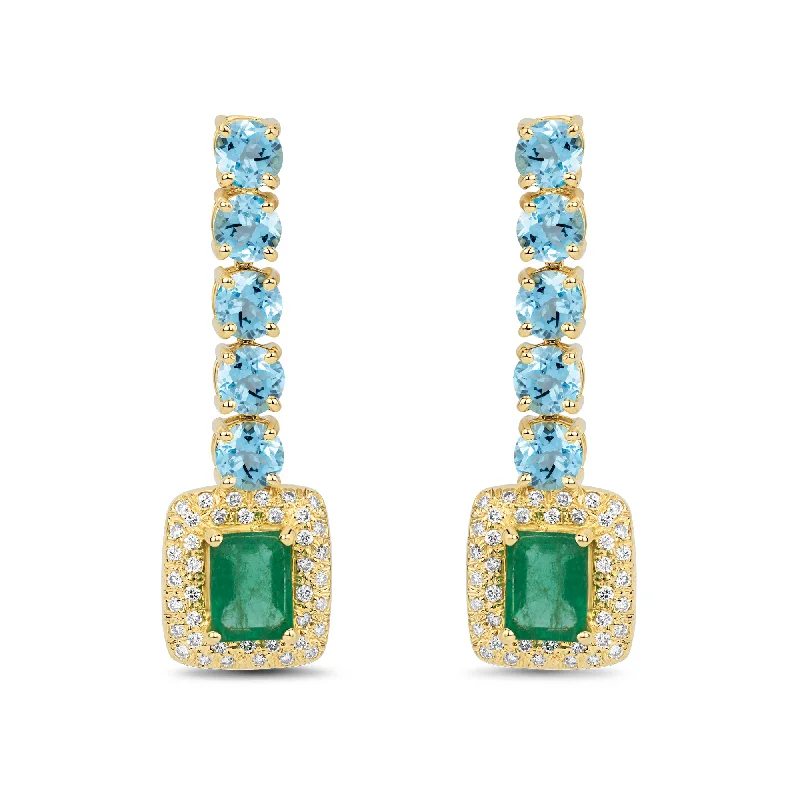 Vintage Style Earrings-Earrings - Blue Topaz, Emerald and Diamond