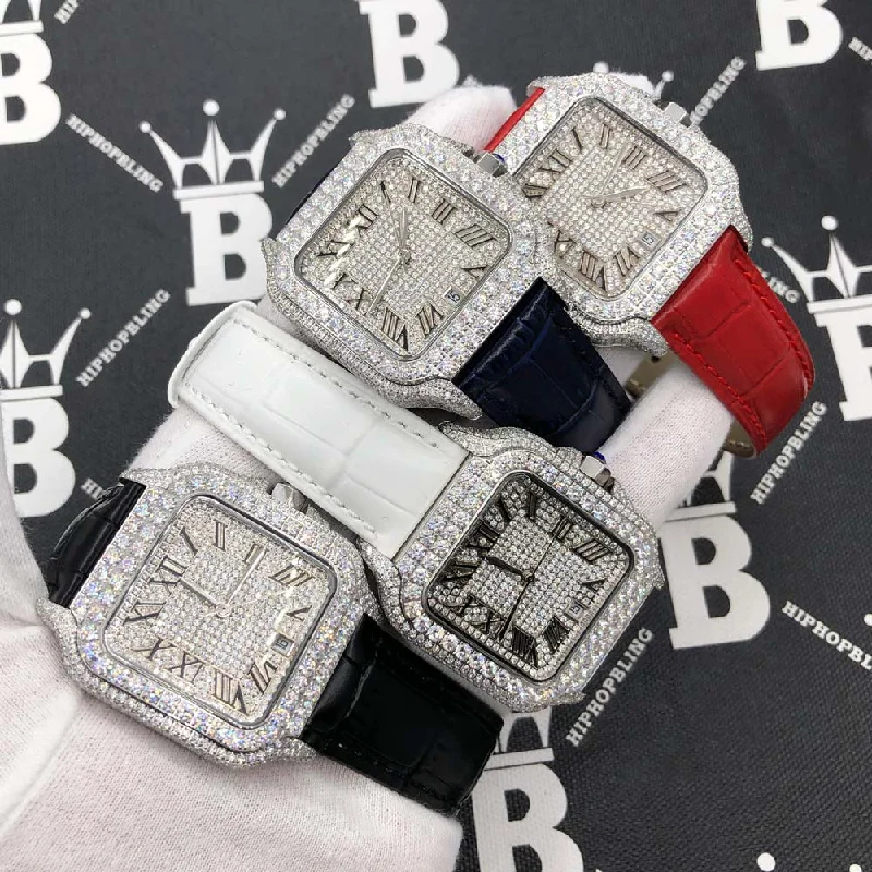 Titanium Watches for Men-Moissanite VVS Iced Out Baller Square Leather Watch