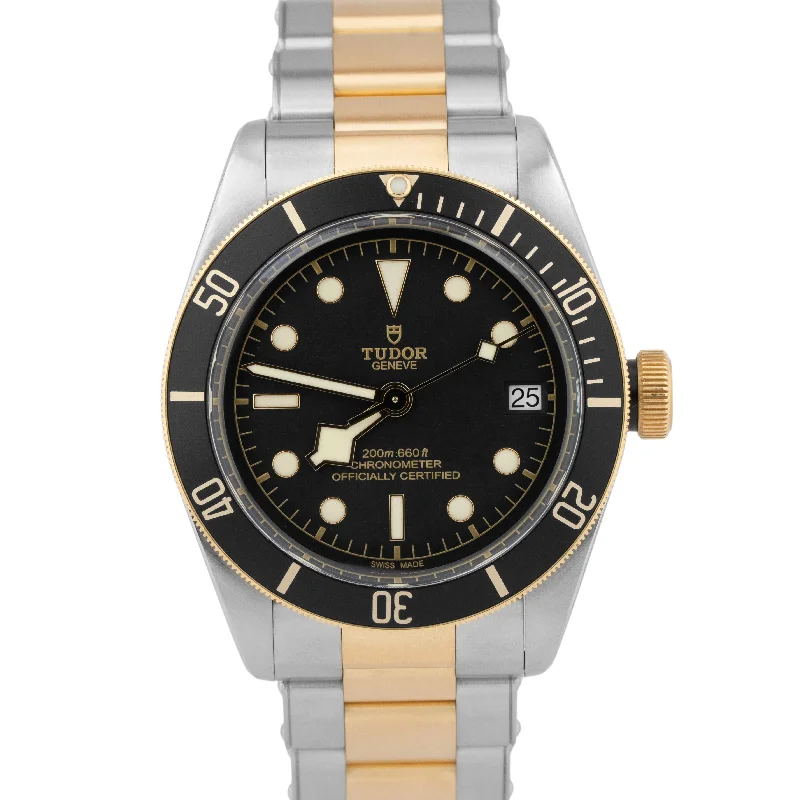 Luxury Watches with Diamond Markers-Tudor Black Bay Heritage PAPERS Two-Tone Gold Steel Black 41mm Watch 79733N B+P