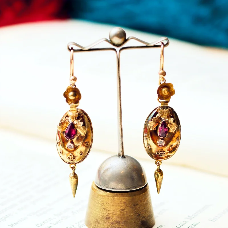 Handmade Earrings for Casual Style-Antique Victorian Garnet & Chrysoberyl Earrings